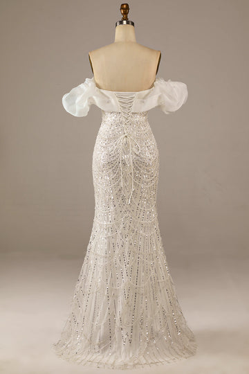 Sirena de marfil brillante lentejuelas hasta el piso Vestido de novia